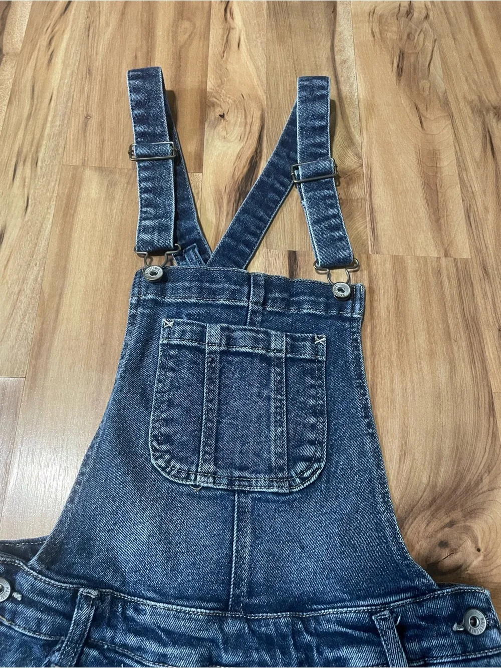 WallFlower Juniors Criss Cross Back Denim Overall Shorts Medium Blue Sz S